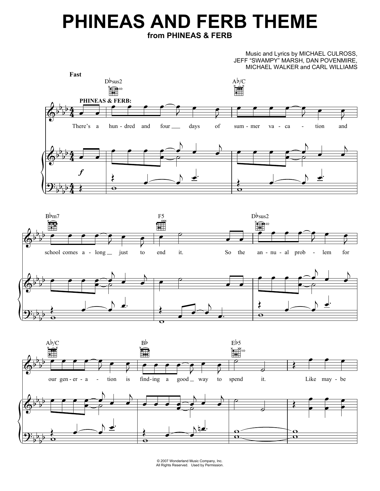 Carl Williams Phineas And Ferb Theme sheet music notes and chords arranged for Piano, Vocal & Guitar Chords (Right-Hand Melody)