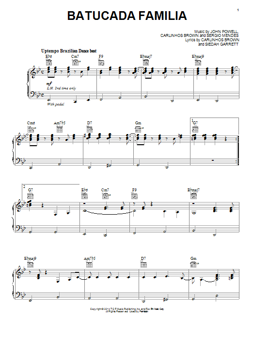 Carlinhos Brown/Siedah Garrett Bataucada Familia sheet music notes and chords arranged for Piano, Vocal & Guitar Chords (Right-Hand Melody)