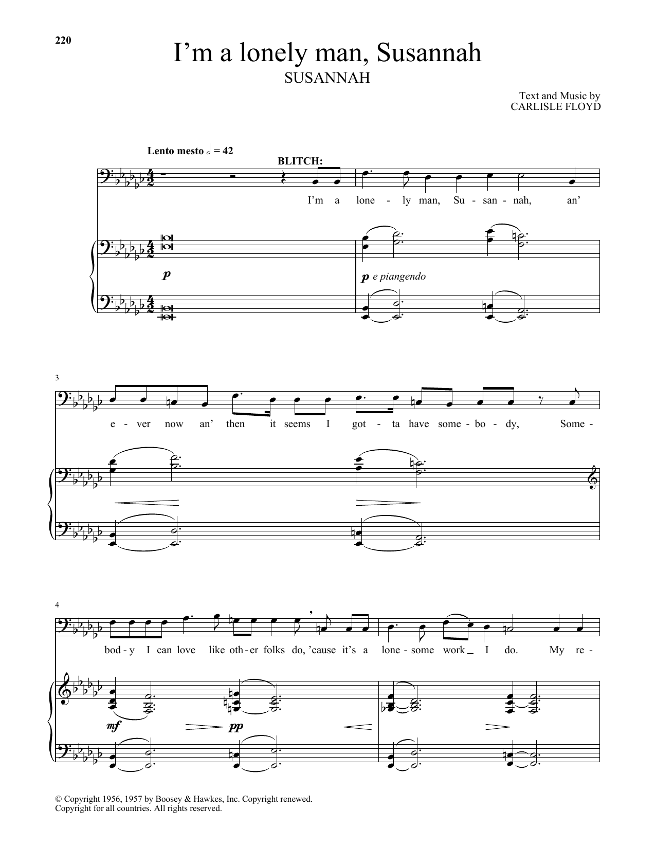 Carlisle Floyd I'm A Lonely Man, Susannah sheet music notes and chords arranged for Piano & Vocal