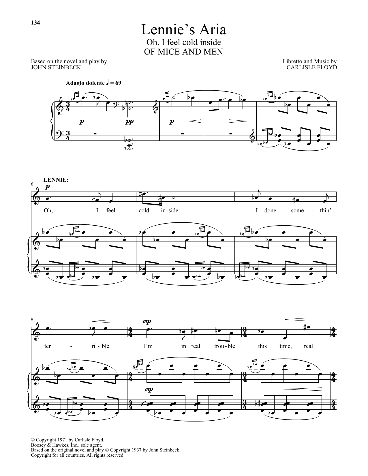 Carlisle Floyd Lennie's Aria (Oh, I feel cold inside) (from Of Mice And Men) sheet music notes and chords arranged for Piano & Vocal
