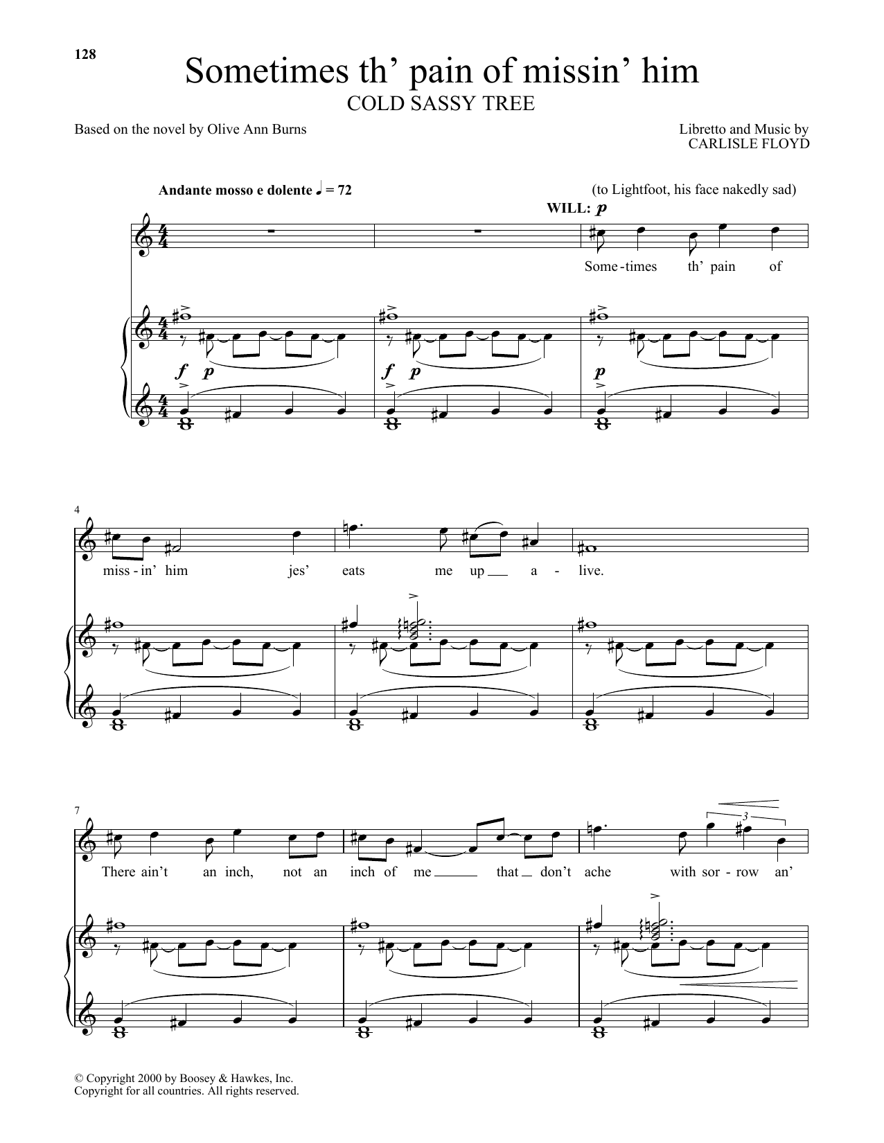 Carlisle Floyd Sometimes th' pain of missin' him (from Cold Sassy Tree) sheet music notes and chords arranged for Piano & Vocal