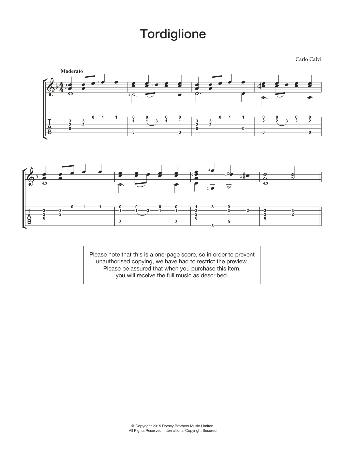 Carlo Calvi Tordiglione sheet music notes and chords arranged for Easy Guitar