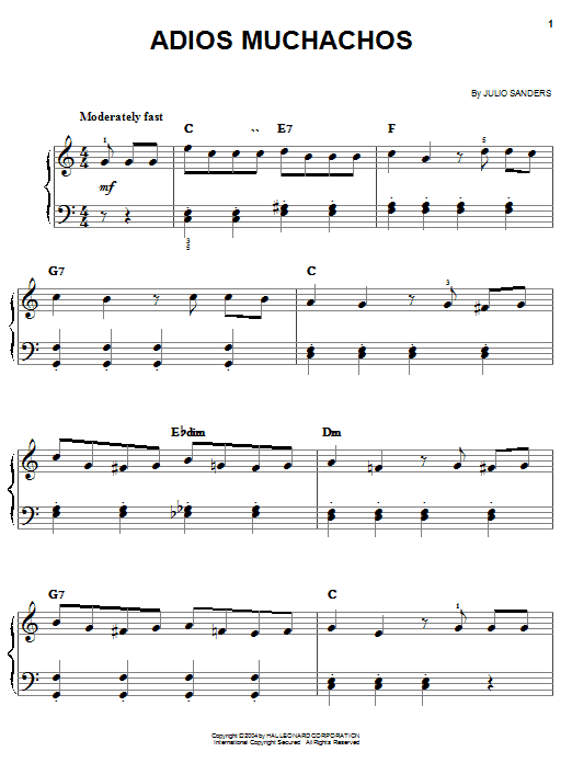 Carlos Gardel Adios Muchachos (Farewell Boys) sheet music notes and chords arranged for Easy Piano
