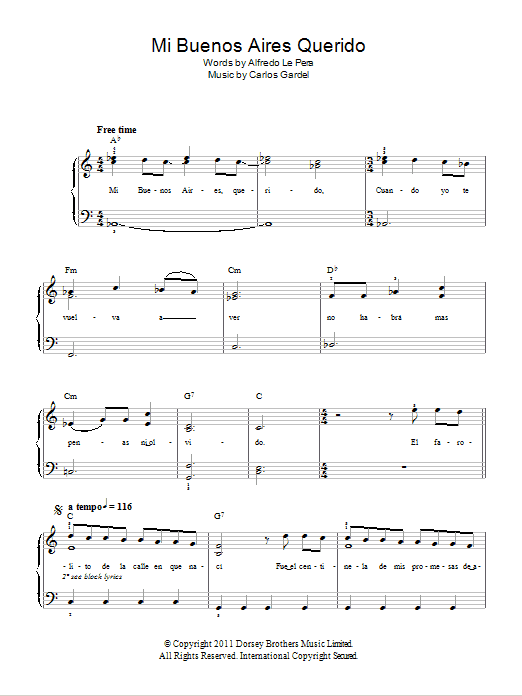 Carlos Gardel Mi Buenos Aires Querido sheet music notes and chords arranged for Easy Piano