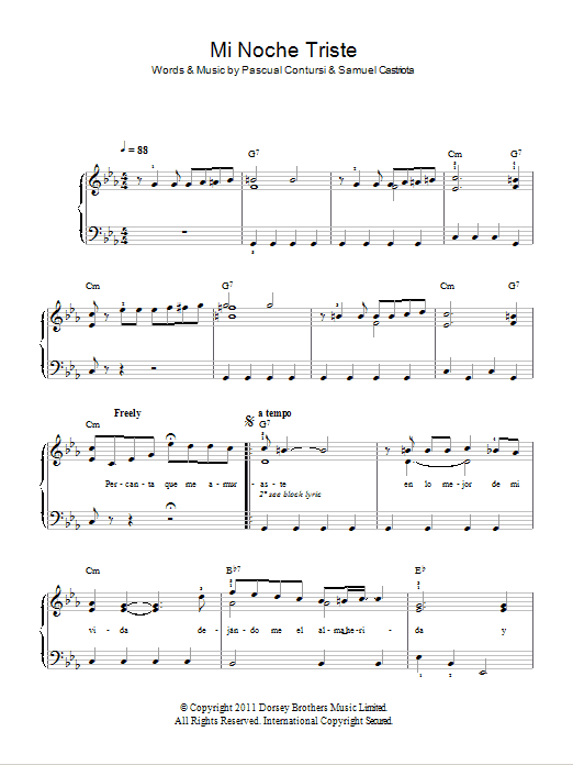 Carlos Gardel Mi Noche Triste sheet music notes and chords arranged for Easy Piano