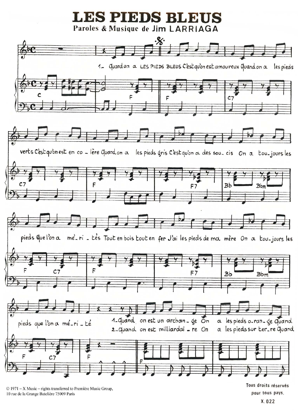 Carlos Les Pieds Bleus sheet music notes and chords arranged for Piano & Vocal