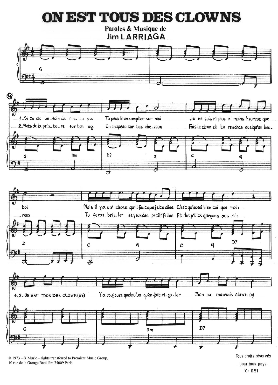 Carlos On Est Tous Des Clowns sheet music notes and chords arranged for Piano & Vocal