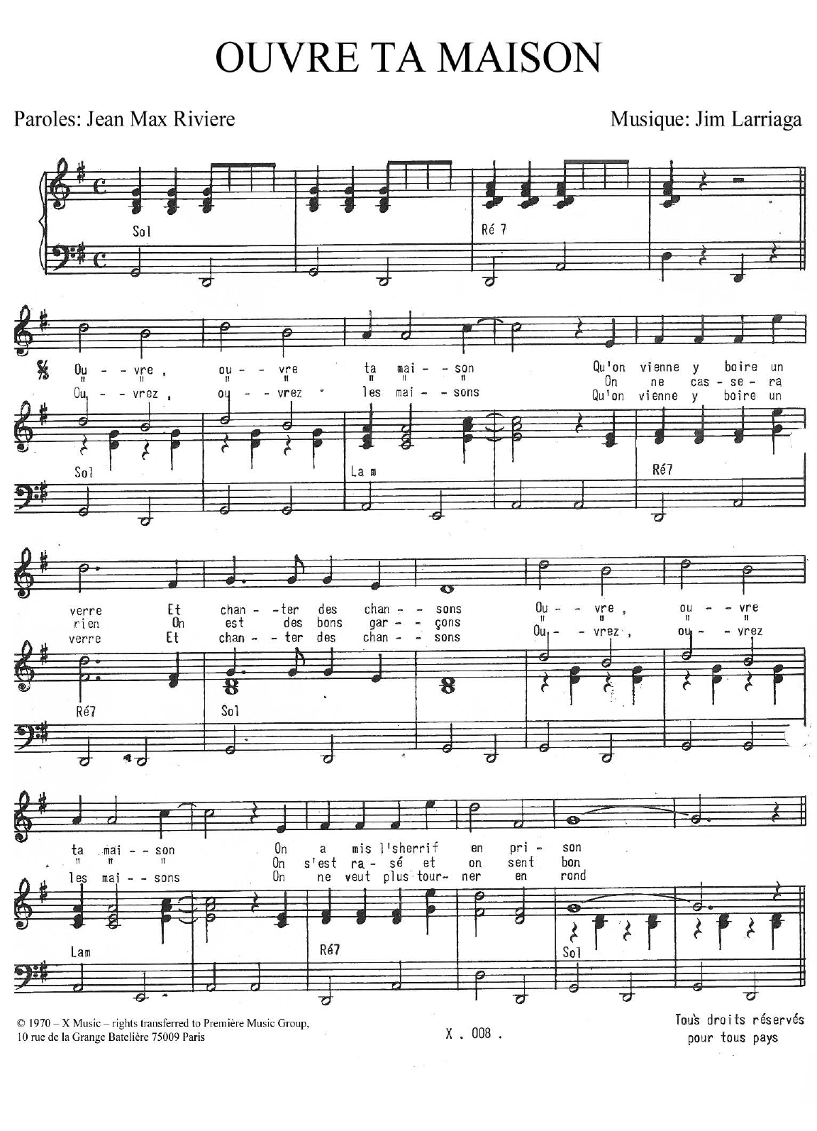 Carlos Ouvre Ta Maison sheet music notes and chords arranged for Piano & Vocal