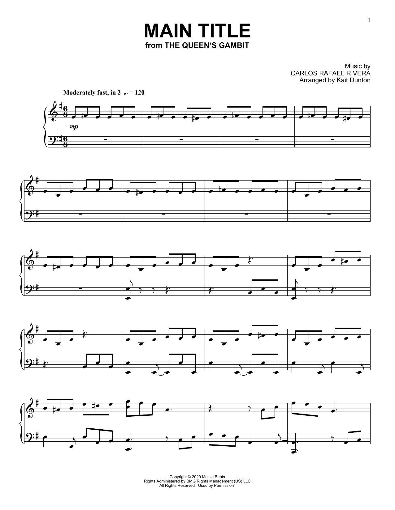 Carlos Rafael Rivera Main Title (from The Queen's Gambit) sheet music notes and chords arranged for Piano Solo