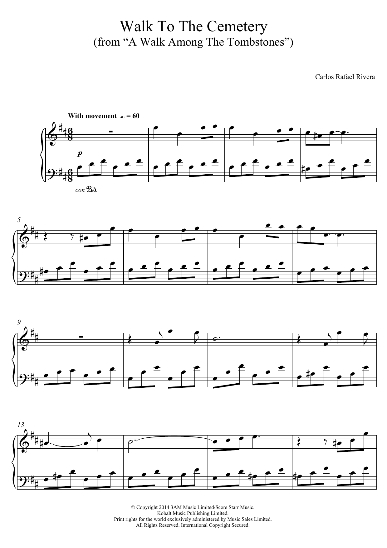 Carlos Rafael Rivera Walk To The Cemetery (from A Walk Among The Tombstones) sheet music notes and chords arranged for Piano Solo