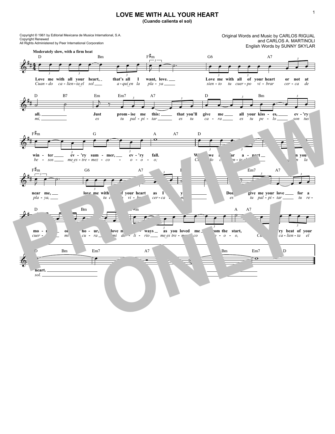 Carlos Rigual Love Me With All Your Heart (Cuando Calienta El Sol) sheet music notes and chords arranged for Lead Sheet / Fake Book