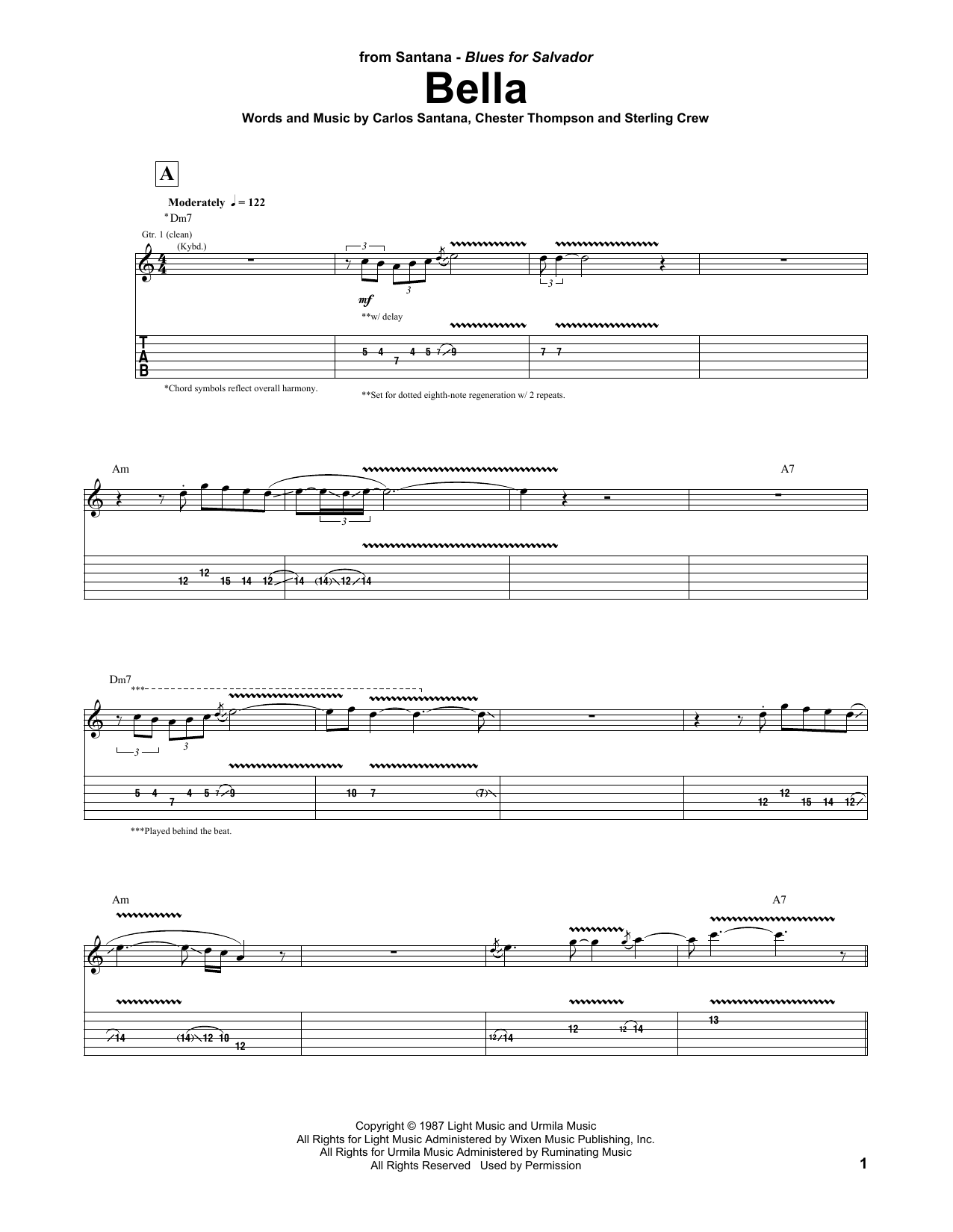 Carlos Santana Bella sheet music notes and chords arranged for Guitar Tab