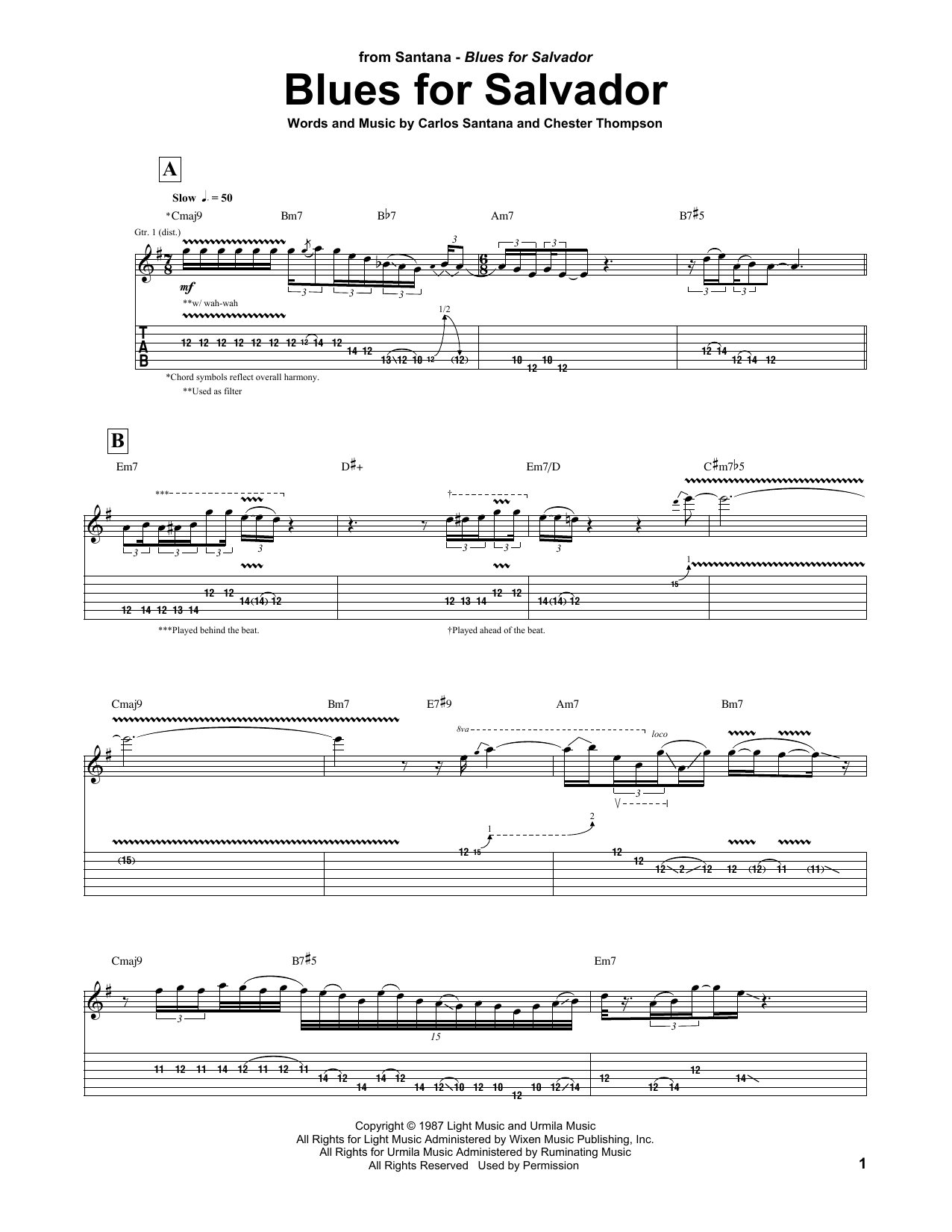 Carlos Santana Blues For Salvador sheet music notes and chords arranged for Guitar Tab