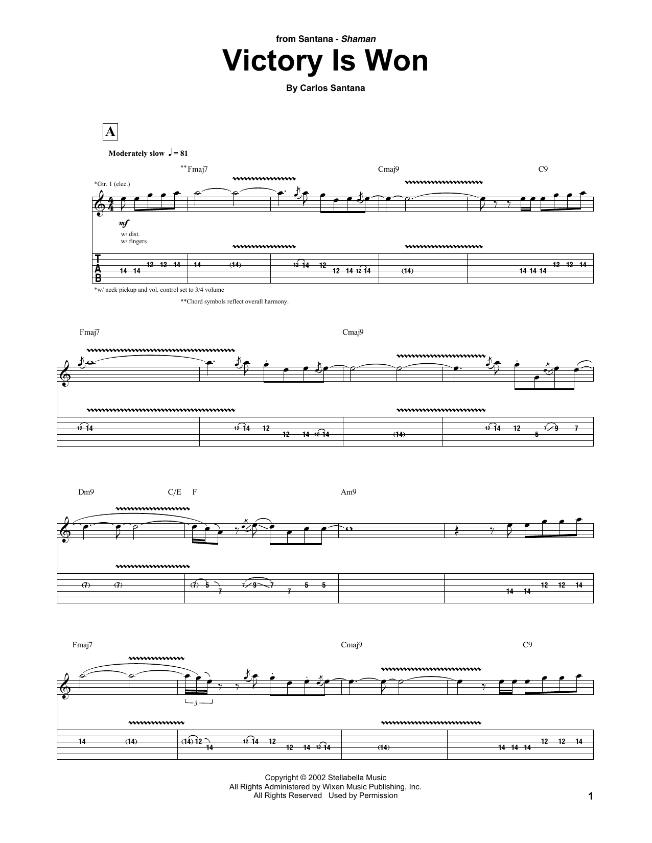 Carlos Santana Victory Is Won sheet music notes and chords arranged for Guitar Tab