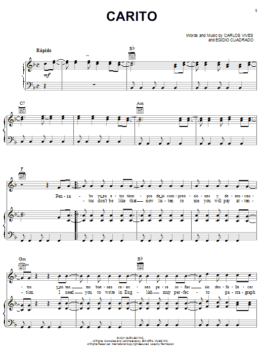 Carlos Vives Carito sheet music notes and chords arranged for Piano, Vocal & Guitar Chords (Right-Hand Melody)
