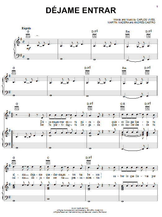 Carlos Vives Déjame Entrar sheet music notes and chords arranged for Piano, Vocal & Guitar Chords (Right-Hand Melody)