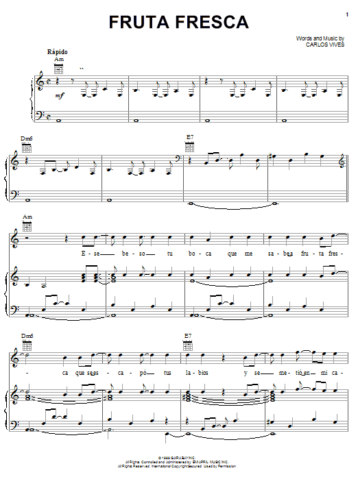 Carlos Vives Fruta Fresca sheet music notes and chords arranged for Piano, Vocal & Guitar Chords (Right-Hand Melody)