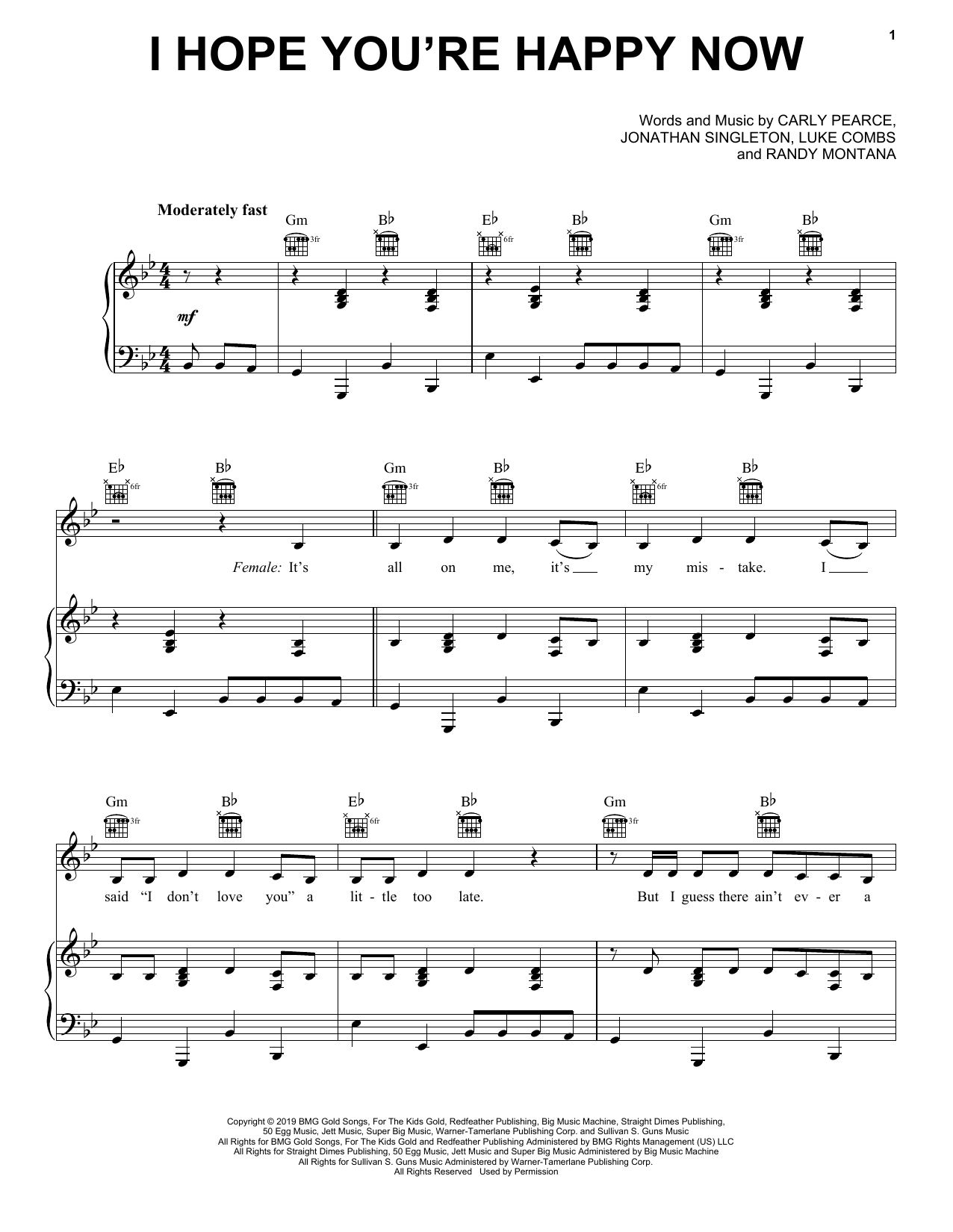 Carly Pearce & Lee Brice I Hope You're Happy Now sheet music notes and chords arranged for Piano, Vocal & Guitar Chords (Right-Hand Melody)