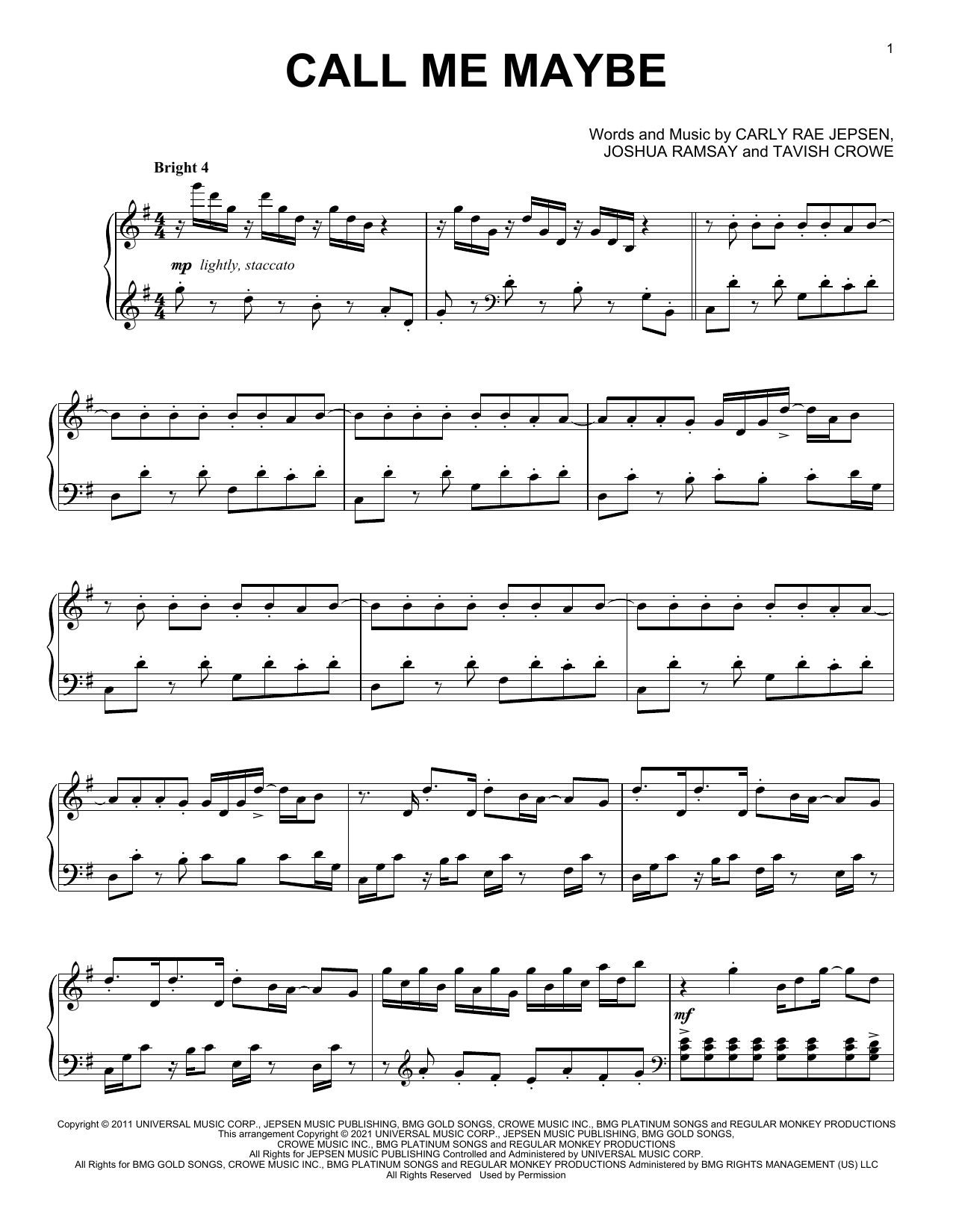 Carly Rae Jepsen Call Me Maybe [Classical version] sheet music notes and chords arranged for Piano Solo