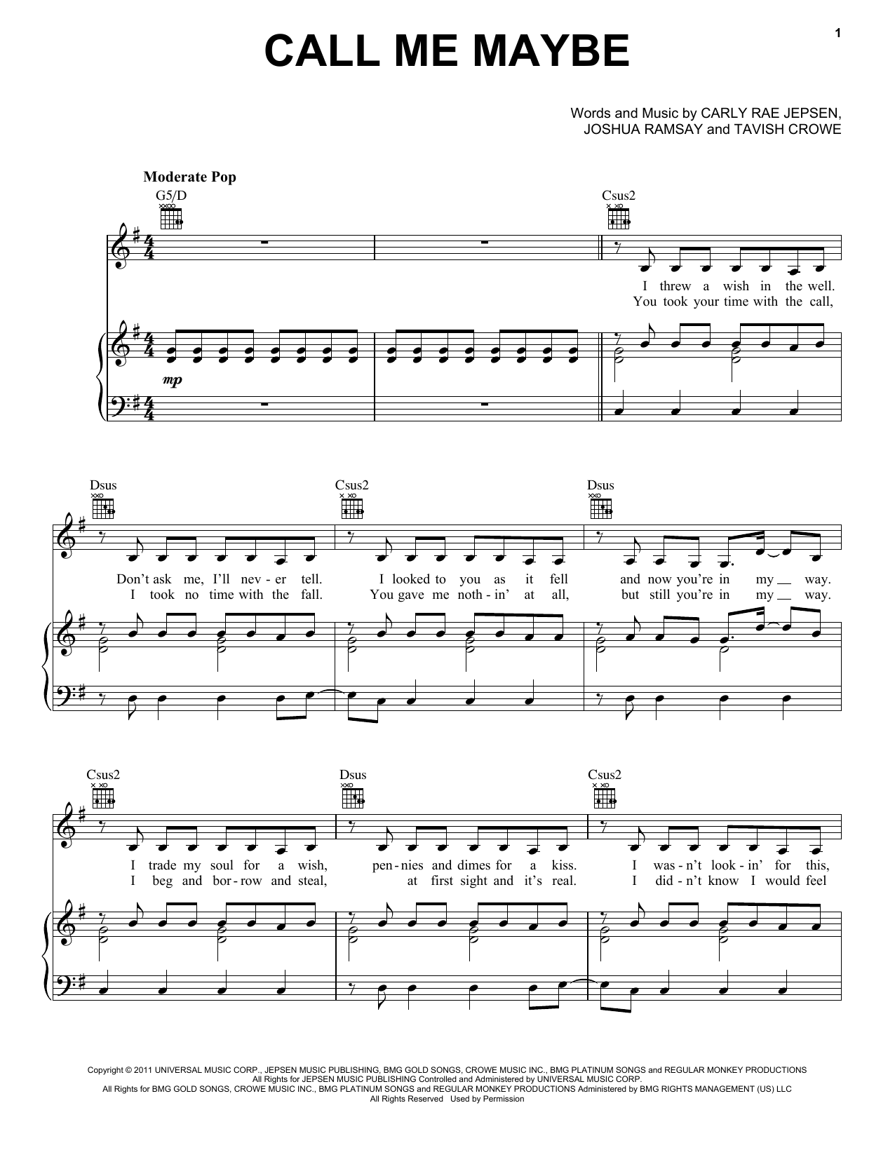 Carly Rae Jepsen Call Me Maybe sheet music notes and chords arranged for Super Easy Piano