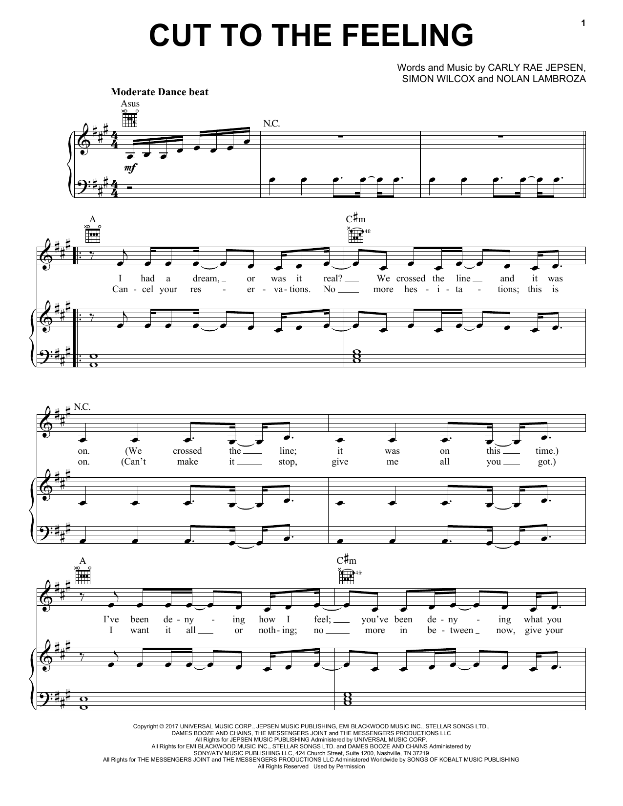 Carly Rae Jepsen Cut To The Feeling sheet music notes and chords arranged for Piano, Vocal & Guitar Chords (Right-Hand Melody)