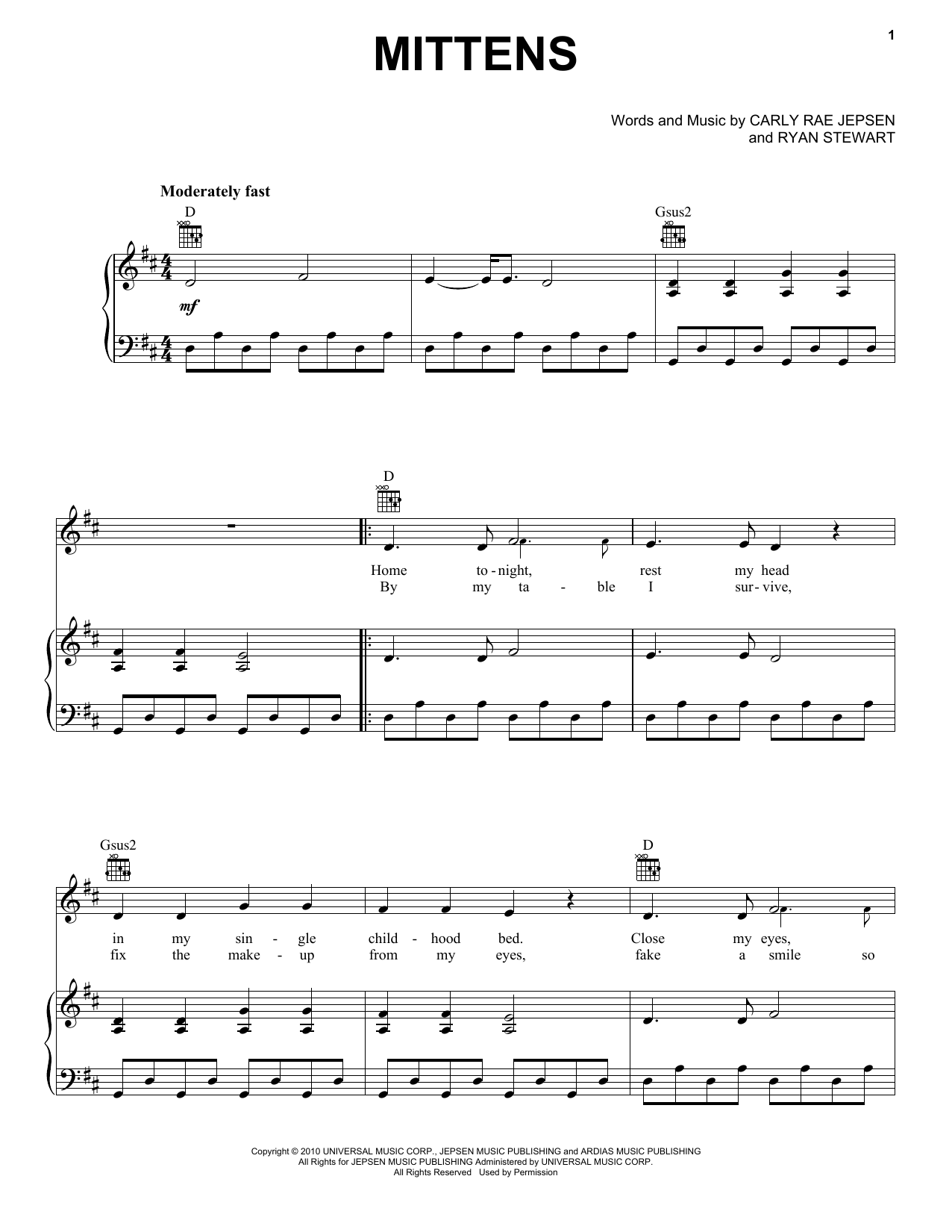 Carly Rae Jepsen Mittens sheet music notes and chords arranged for Piano, Vocal & Guitar Chords (Right-Hand Melody)