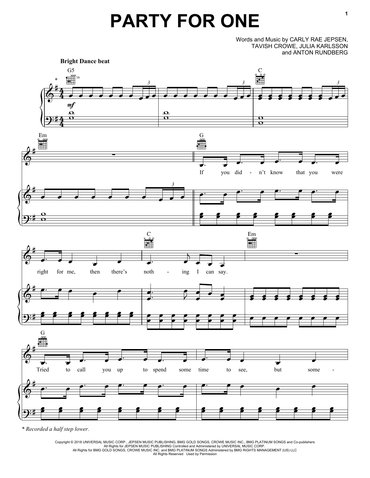 Carly Rae Jepsen Party For One sheet music notes and chords arranged for Piano, Vocal & Guitar Chords (Right-Hand Melody)