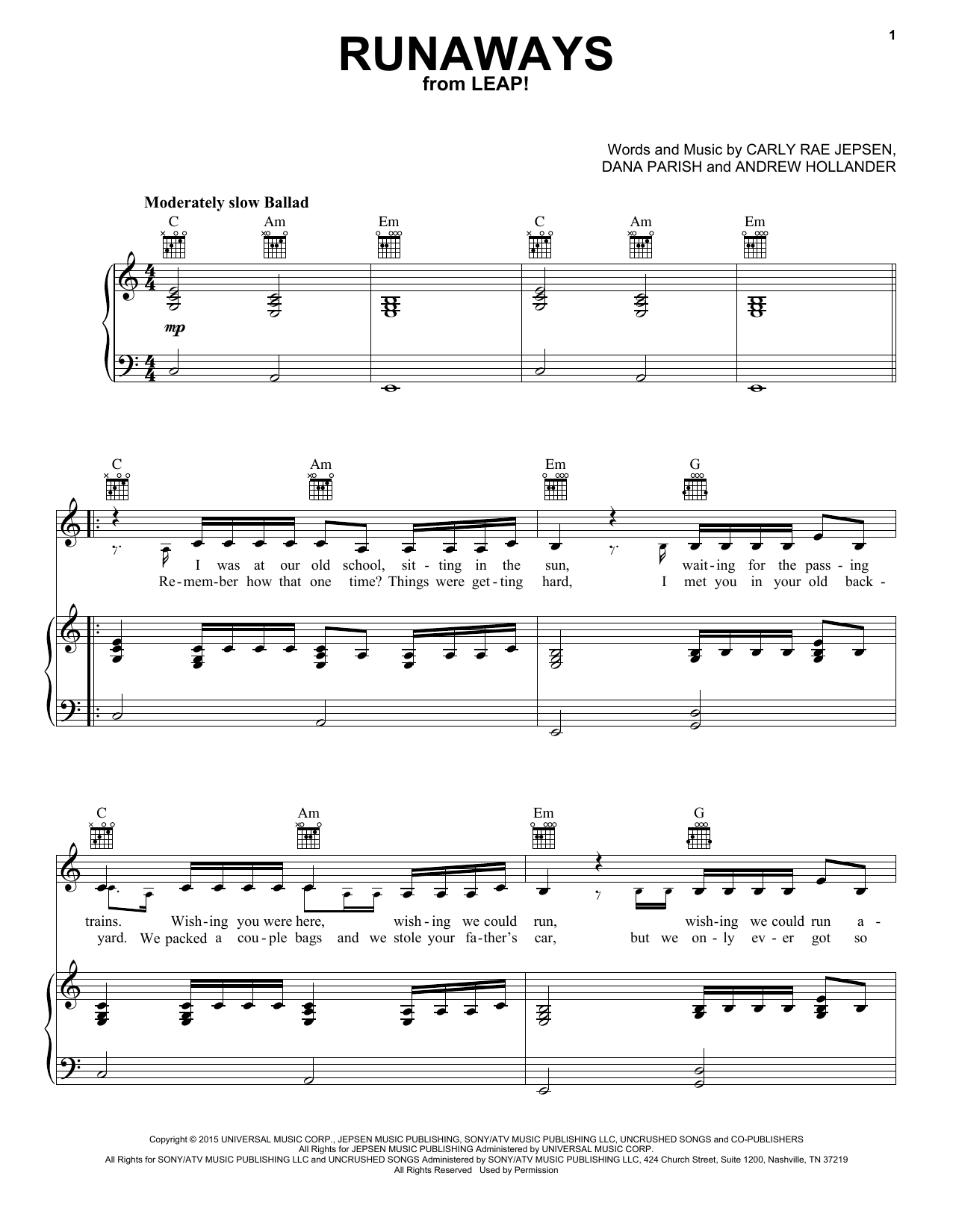 Carly Rae Jepsen Runaways sheet music notes and chords arranged for Piano, Vocal & Guitar Chords (Right-Hand Melody)