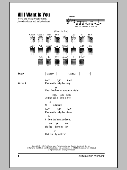 Carly Simon All I Want Is You sheet music notes and chords arranged for Guitar Chords/Lyrics