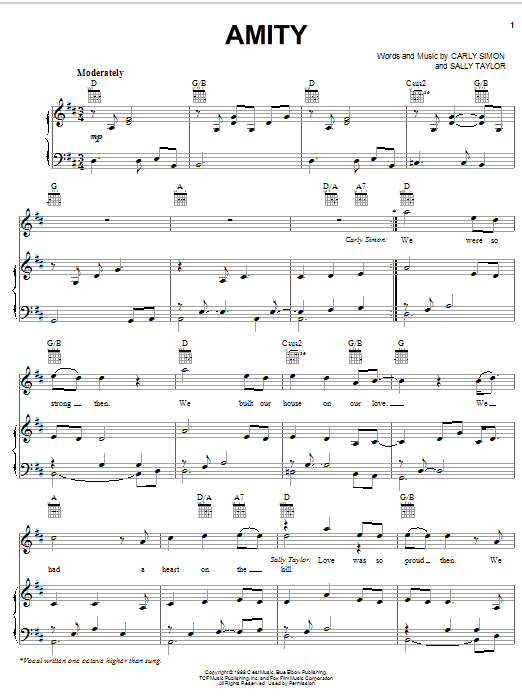 Carly Simon Amity sheet music notes and chords arranged for Piano, Vocal & Guitar Chords (Right-Hand Melody)