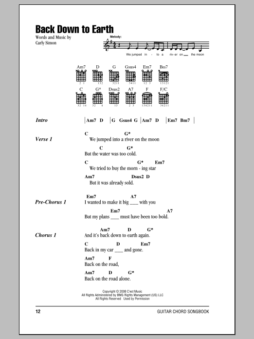 Carly Simon Back Down To Earth sheet music notes and chords arranged for Guitar Chords/Lyrics