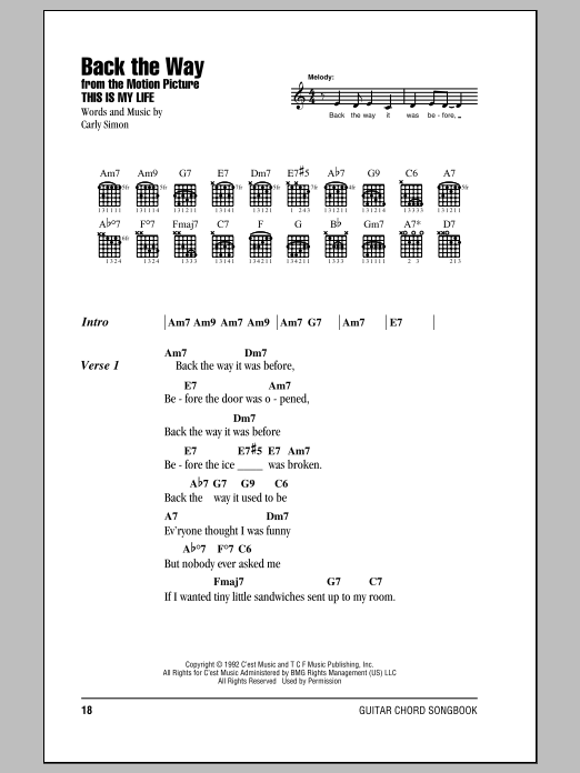 Carly Simon Back The Way sheet music notes and chords arranged for Guitar Chords/Lyrics