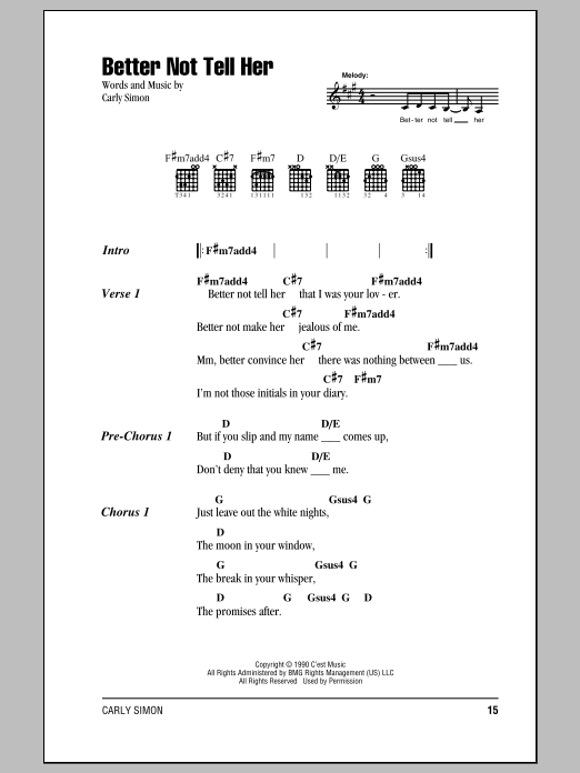 Carly Simon Better Not Tell Her sheet music notes and chords arranged for Guitar Chords/Lyrics