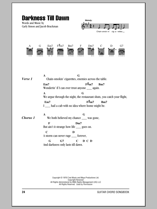 Carly Simon Darkness Till Dawn sheet music notes and chords arranged for Guitar Chords/Lyrics
