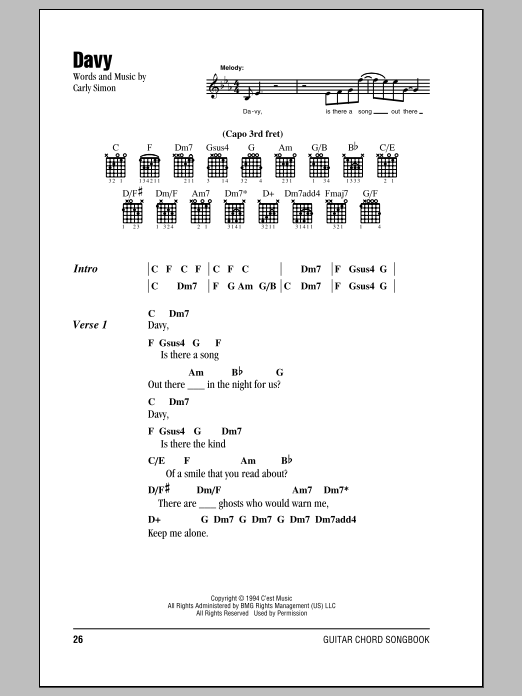 Carly Simon Davy sheet music notes and chords arranged for Guitar Chords/Lyrics