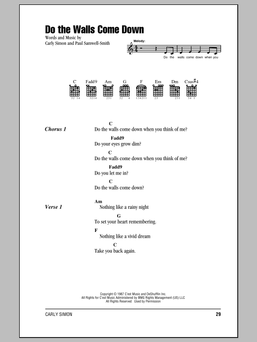 Carly Simon Do The Walls Come Down sheet music notes and chords arranged for Guitar Chords/Lyrics