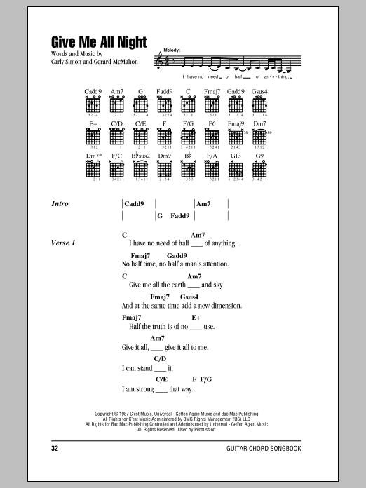 Carly Simon Give Me All Night sheet music notes and chords arranged for Piano, Vocal & Guitar Chords (Right-Hand Melody)