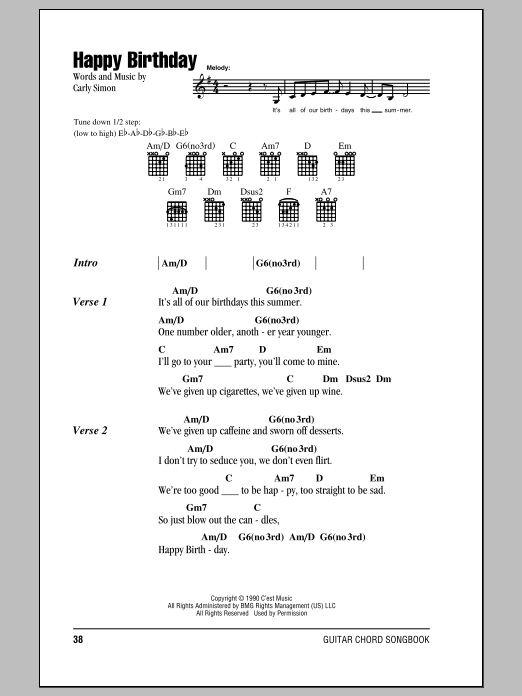 Carly Simon Happy Birthday sheet music notes and chords arranged for Guitar Chords/Lyrics