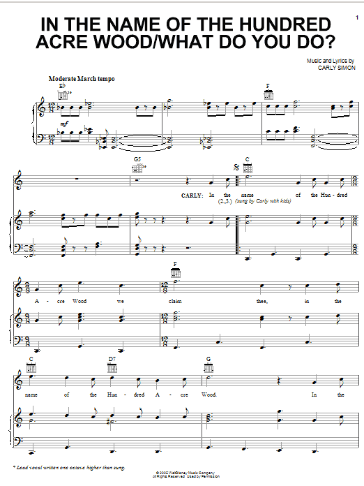 Carly Simon In The Name Of The Hundred Acre Wood sheet music notes and chords arranged for Piano, Vocal & Guitar Chords (Right-Hand Melody)