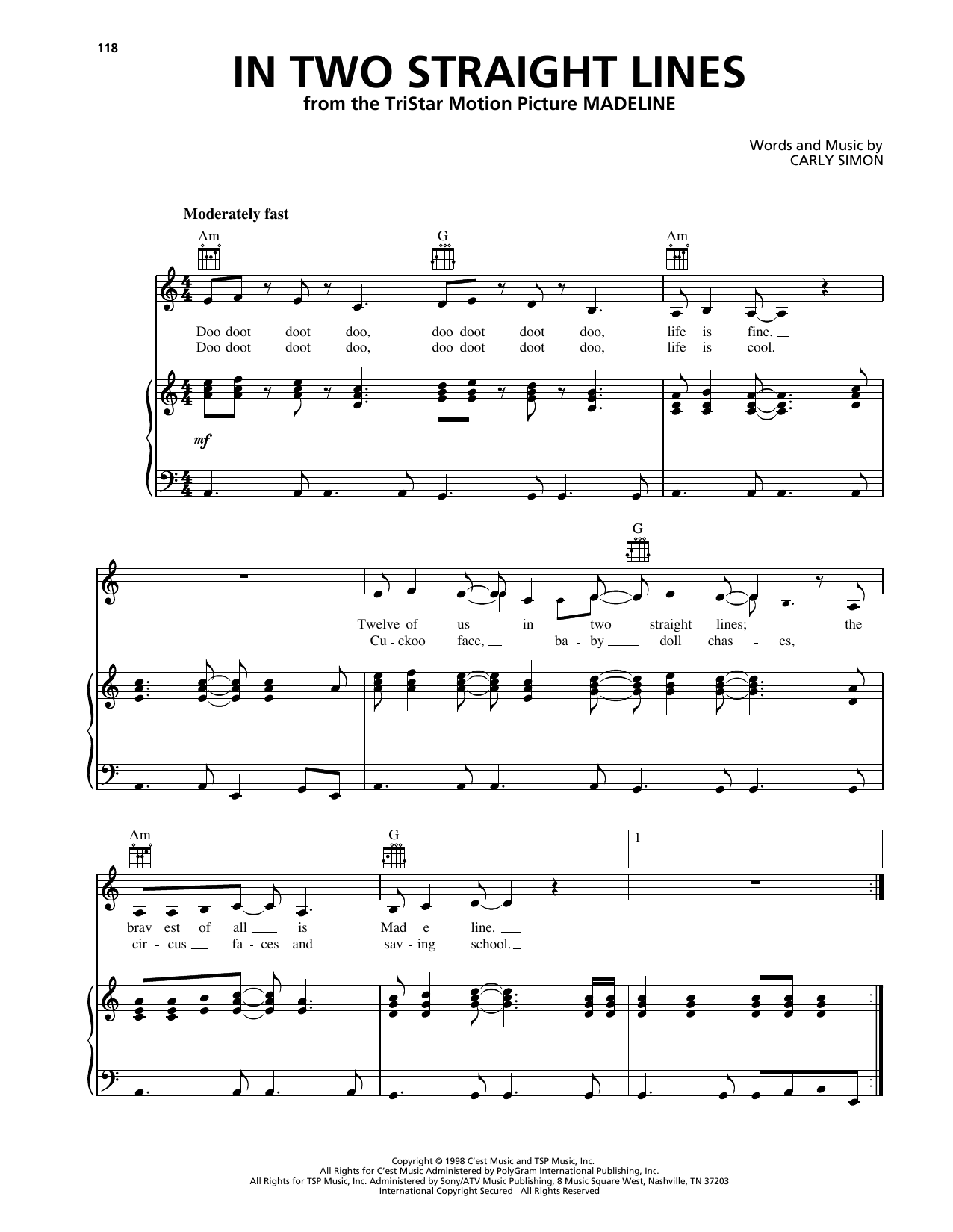Carly Simon In Two Straight Lines (from Madeline) sheet music notes and chords arranged for Piano, Vocal & Guitar Chords (Right-Hand Melody)