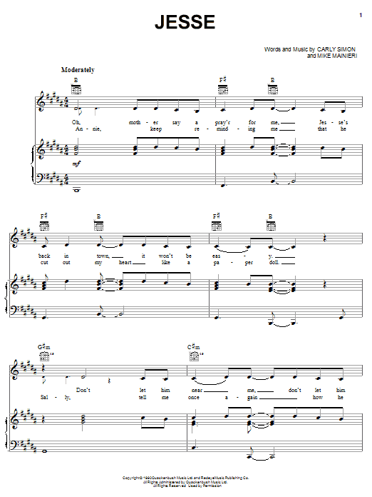 Carly Simon Jesse sheet music notes and chords arranged for Guitar Chords/Lyrics
