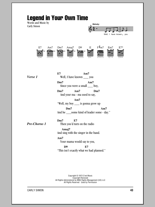 Carly Simon Legend In Your Own Time sheet music notes and chords arranged for Guitar Chords/Lyrics