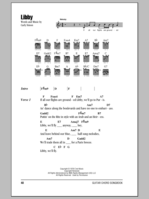 Carly Simon Libby sheet music notes and chords arranged for Guitar Chords/Lyrics