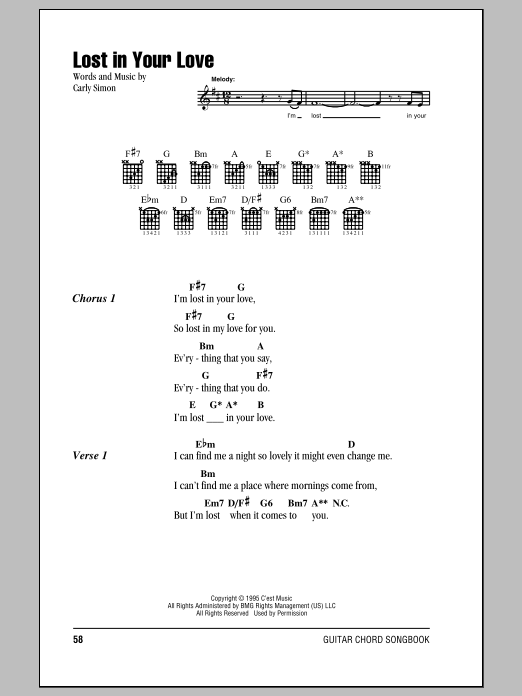 Carly Simon Lost In Your Love sheet music notes and chords arranged for Guitar Chords/Lyrics