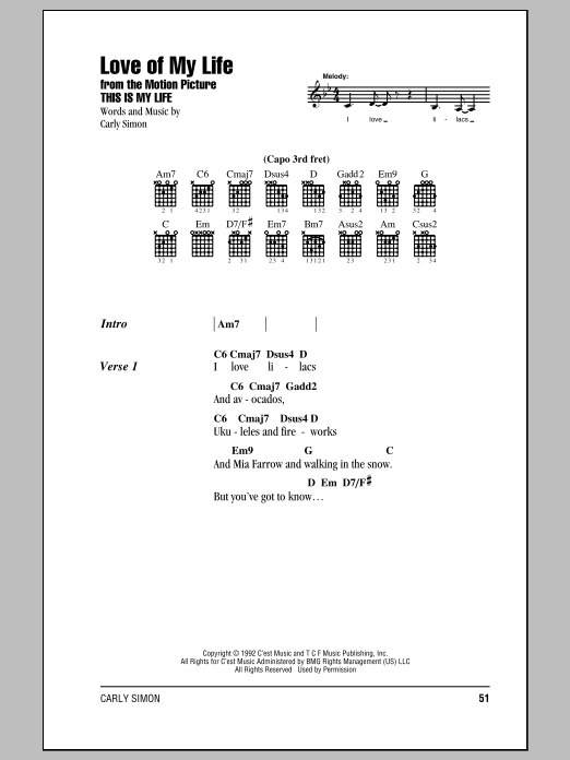 Carly Simon Love Of My Life sheet music notes and chords arranged for Guitar Chords/Lyrics
