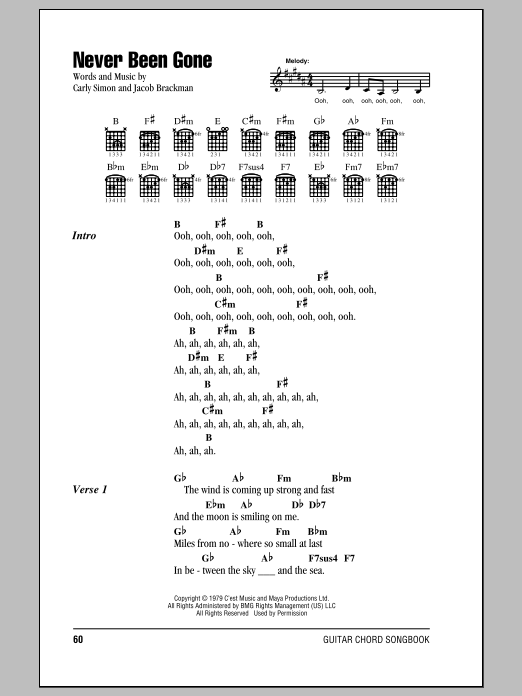 Carly Simon Never Been Gone sheet music notes and chords arranged for Guitar Chords/Lyrics