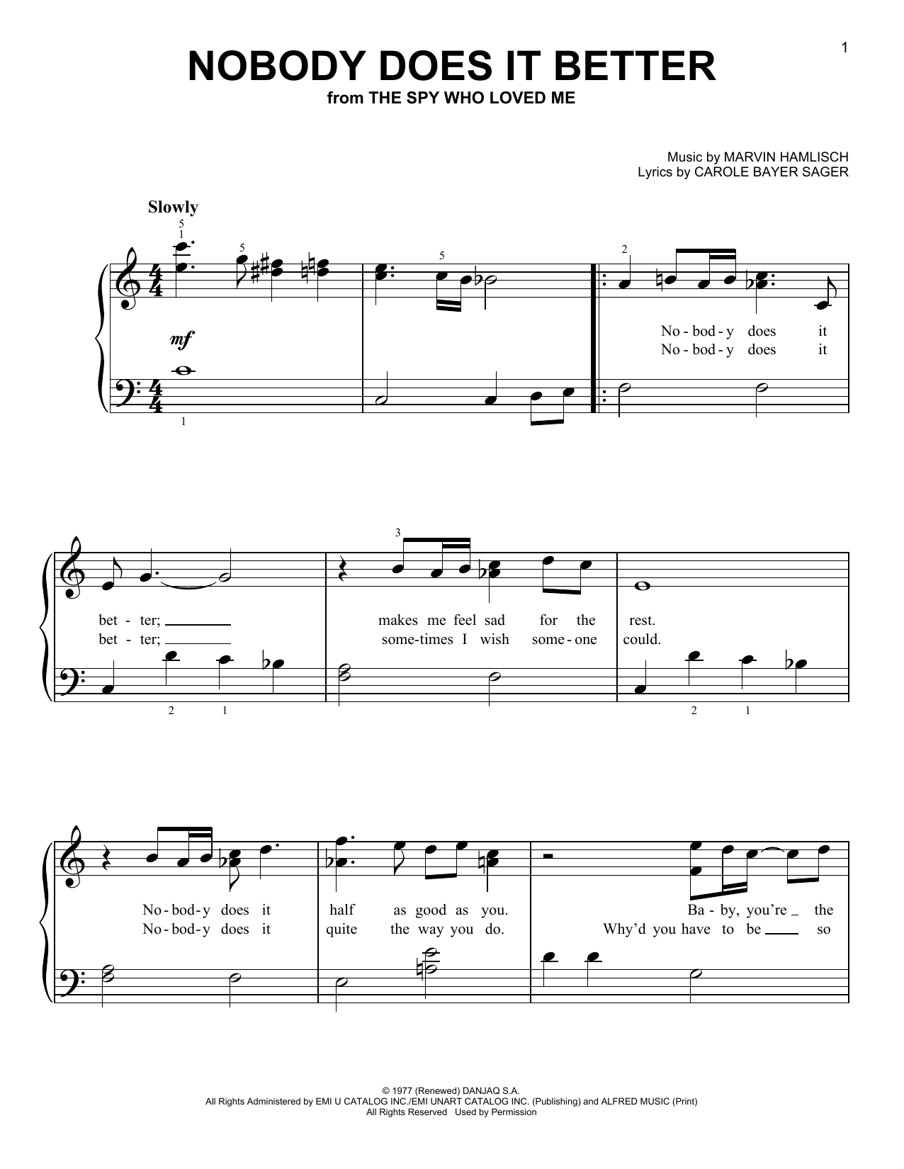 Carly Simon Nobody Does It Better (from The Spy Who Loved Me) sheet music notes and chords arranged for Very Easy Piano
