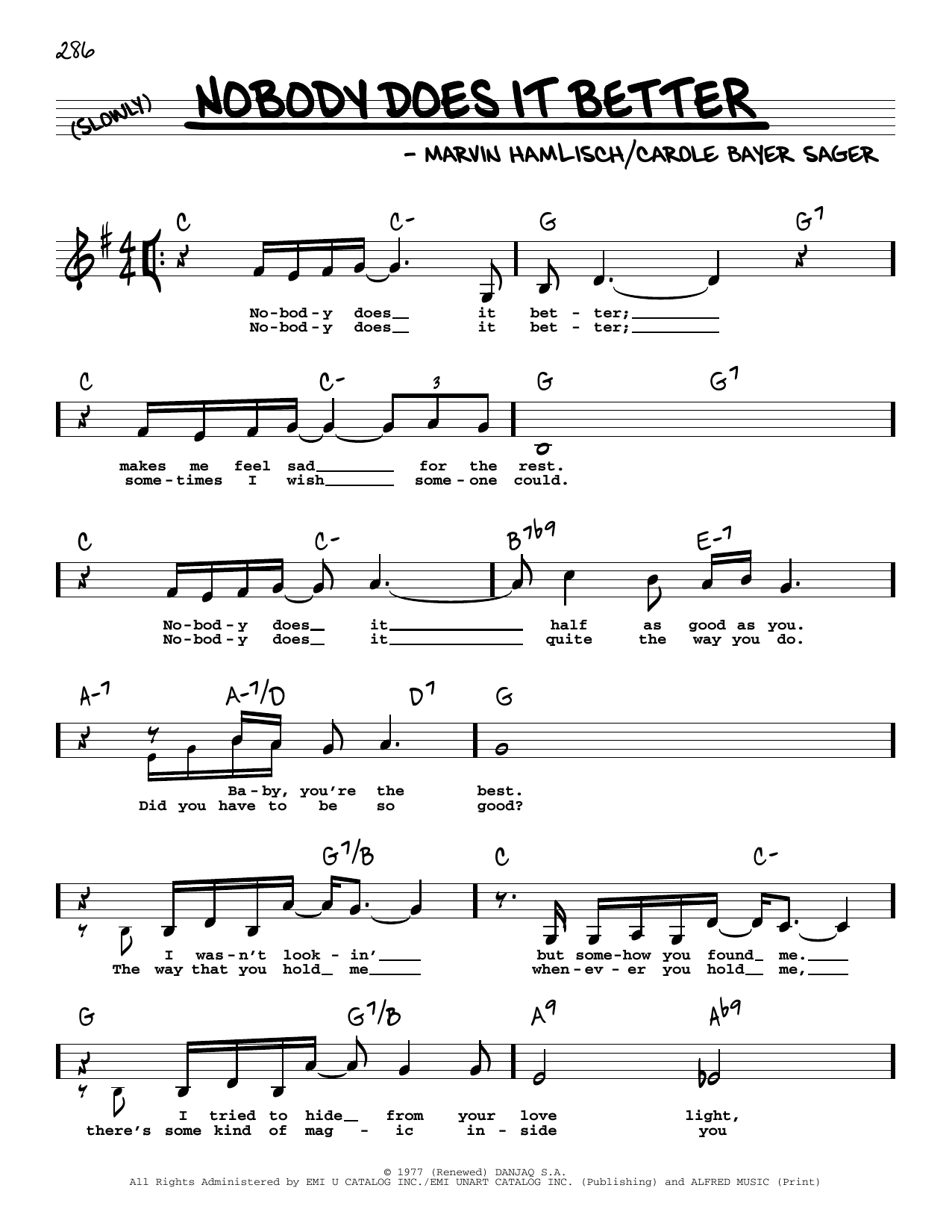 Carly Simon Nobody Does It Better (Low Voice) sheet music notes and chords arranged for Real Book – Melody, Lyrics & Chords