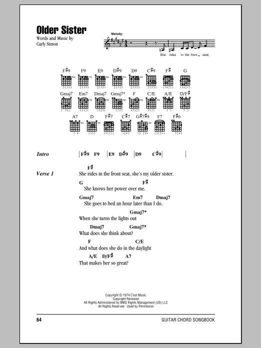 Carly Simon Older Sister sheet music notes and chords arranged for Guitar Chords/Lyrics