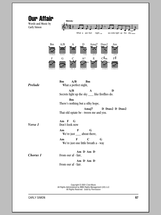 Carly Simon Our Affair sheet music notes and chords arranged for Guitar Chords/Lyrics